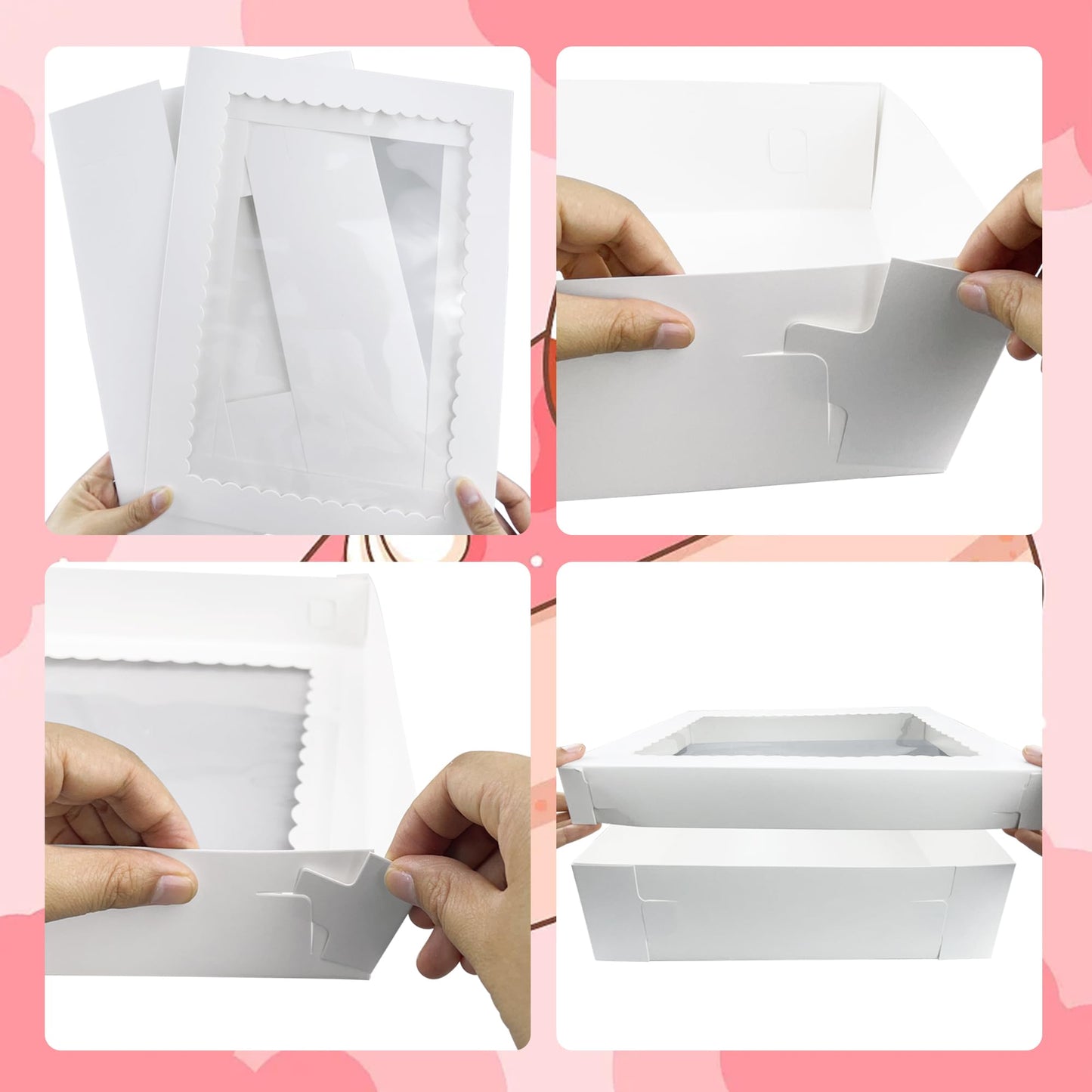 MUMULULU 4 PCS 19x14x4 Inch Cake Boxes with Cake Board White Sheet Rectangular Bakery Boxes with Window for Donuts Cookies Dessert Cupcakes Pastry Baking Pie Packaging