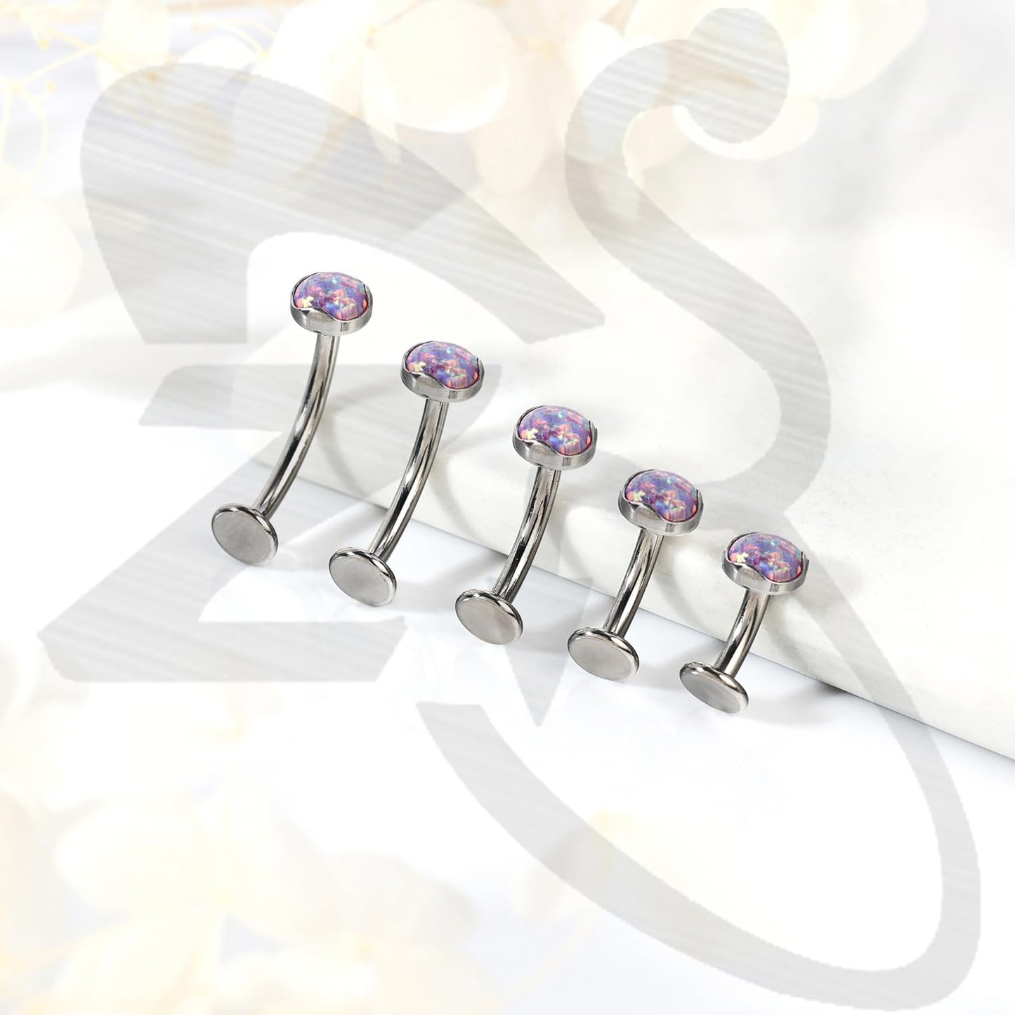 ZS ASTM F136 Titanium Belly Button Ring, 14G Opal Stones Navel Jewelry, 6/8/10/12/14MM Internally Threaded Long Bar Navel Barbell Stud Flat Back Belly Piercing (Violet Opal,L:12mm)