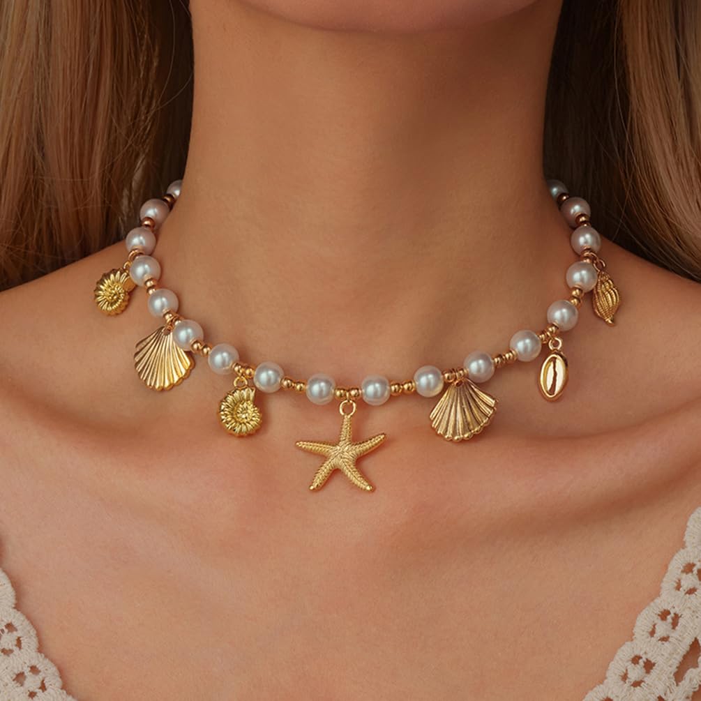 Gold Starfish Conch Oval Pearl SeaShell Necklace for Women Trendy, Statement Boho Shell Pearls Beaded Chain Necklaces Holiday Beach Party Jewelry (Gold 2)