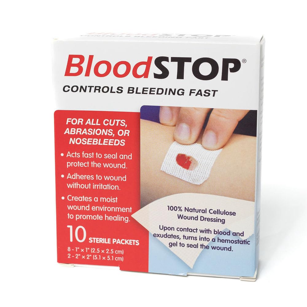 BloodSTOP-Hemostatic Dressing: Controls Bleeding Fast, Natural, Plant-Based Wound Dressing, Cuts, Road Rash, Abrasions, Nosebleeds, Bleeding Control Kit, Stop the Bleed Kit - Safe for All Ages, 10 Ct