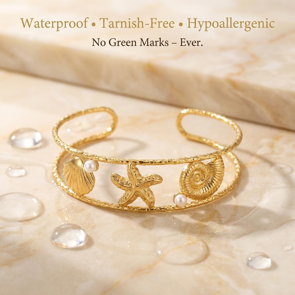 MystiGlimmer Starfish Bracelet with Luxury Gift Box 18K Gold Plated Stainless Steel, Adjustable Open Cuff, Waterproof & Hypoallergenic Jewelry Gift for Women (Seashell-Starfish2)
