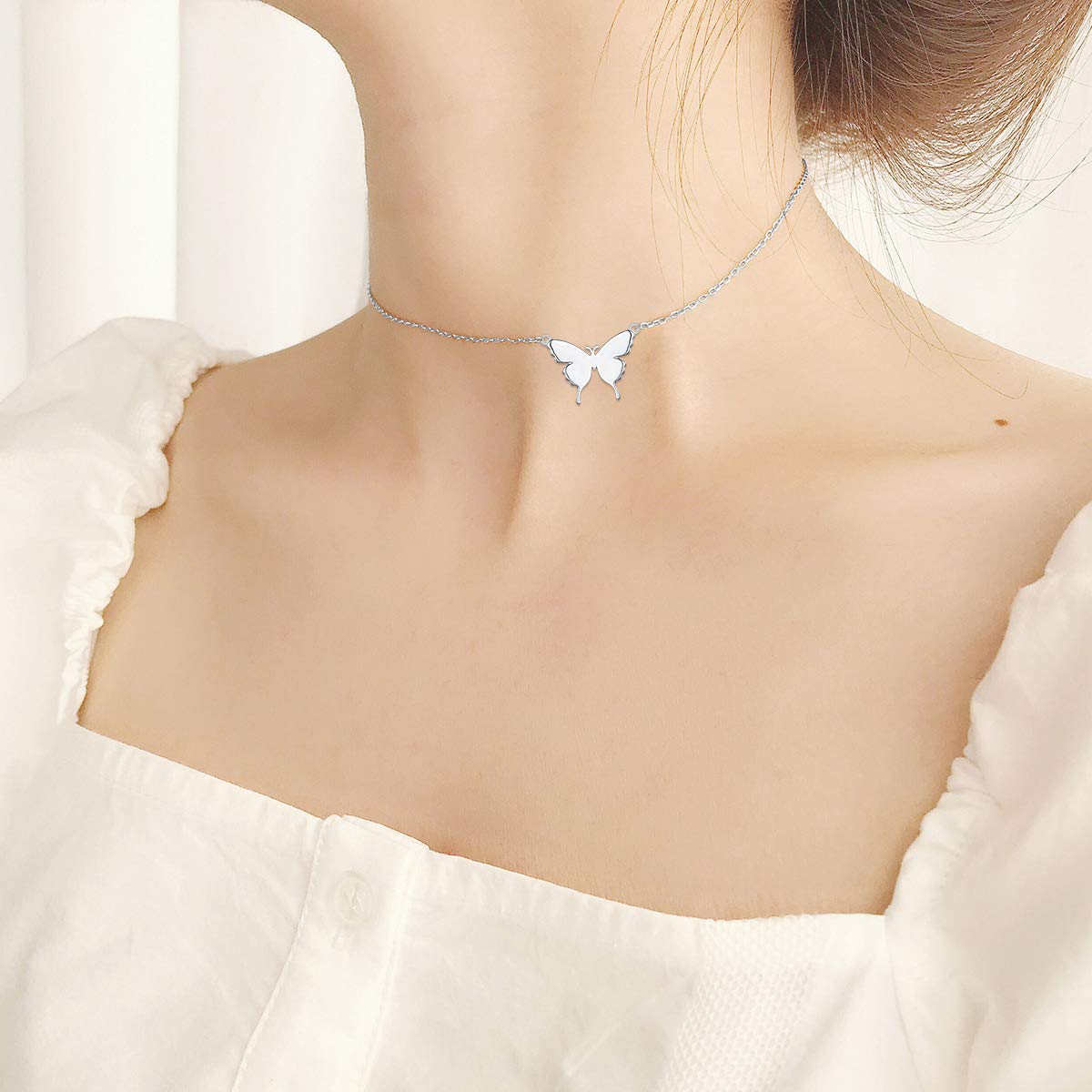 DAOCHONG S925 Sterling Silver Butterfly Choker Short Dainty Necklace Pendant for Women Jewelry Gift