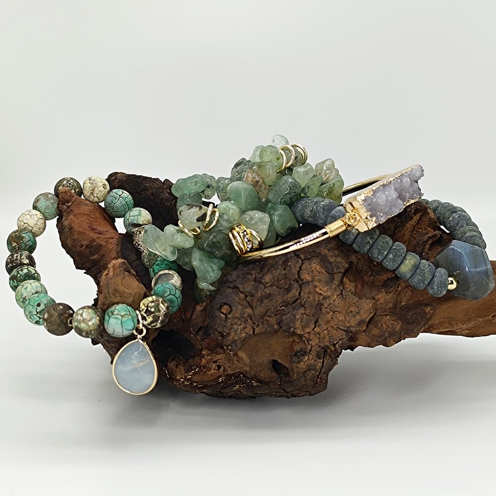 Yomisa Boho Beaded Bracelets for Women,5PCS Healing Natural Labradorite Jasper Stone Bead Bracelets Multilayer Wrap Stackable Friendship Stretch Beaded Bracelets Set Trendy Bohemian Jewelry Gift