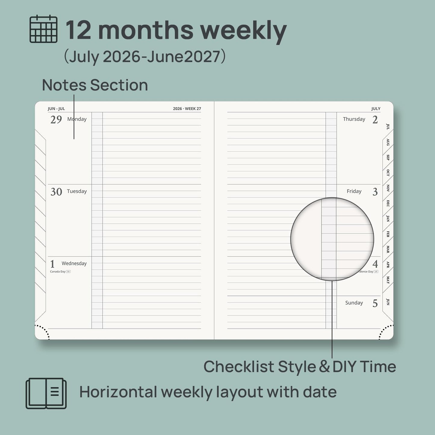 POPRUN Planner 2026-2027 (Medium 6.75"x 8.75"), Horizontal Weekly Notebook Jul.2026 - Jun.2027, Academic Appointment Book with Monthly Tabs, Leather Hardcover, 100 GSM - Aquamarine