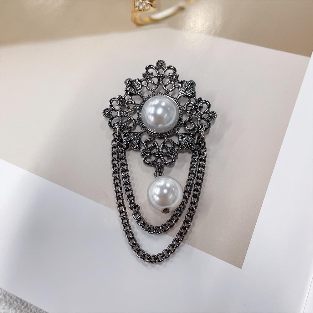 Vintage Round Pearl Filigree Flower Chain Tassel Brooches Lapel Pins for Women Girls Party Dance Banquet Dainty Boho Gold Dangle Drop Pin Dress Suit Clothes Accessories Jewelry (Black)