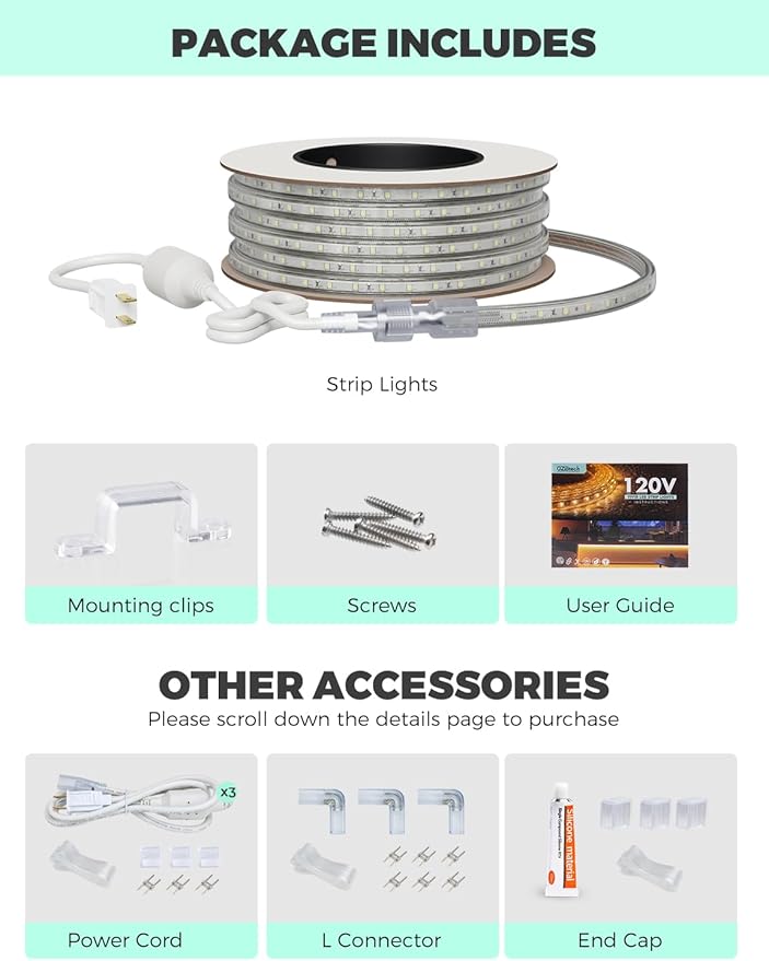 GZBtech AC 110-120V LED Strip Lighting 132FT/40M, 2800K Warm White IP65 Waterproof Outdoor Strip Lights, 60LEDs/M SMD2835 Cuttable & Connectable LED Rope Light for Indoor Outside Exterior, ETL Listed