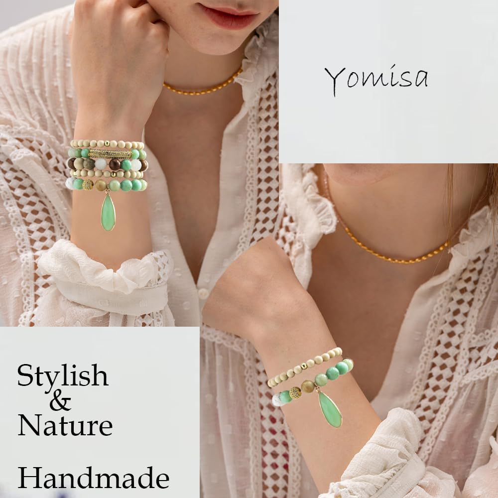 Yomisa Boho Beaded Bracelets/Bangle for Women,Multilayer Wrap 6PCS Healing Natural Pink Crystal Stone Bead Bracelets Stackable Friendship Stretch Beaded Bracelet Set Trendy Bohemian Jewelry Gift