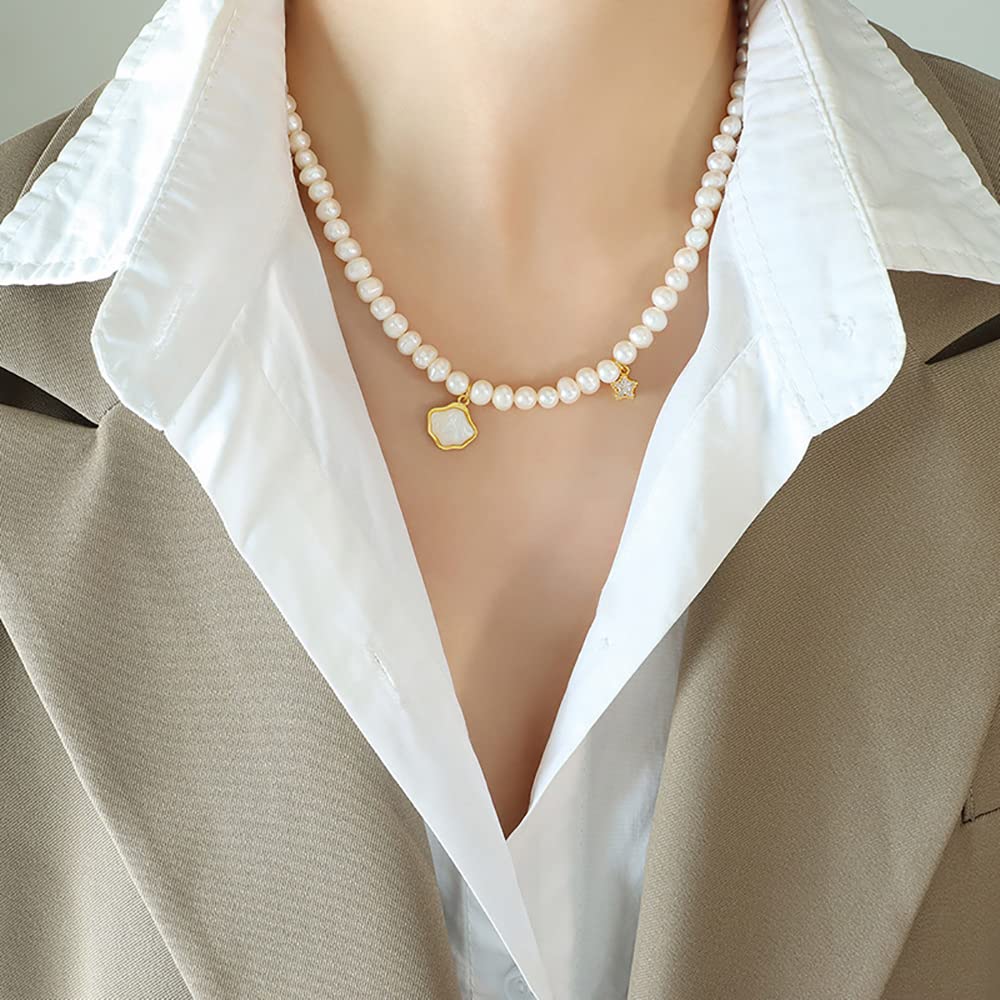18K Gold Beaded Pearl Choker Necklace for Women,Freshwater Cultured Pearl Shell Shape Pendant Necklaces,Fashion Jewelry Gift for Her (Style 3, 18K Gold)