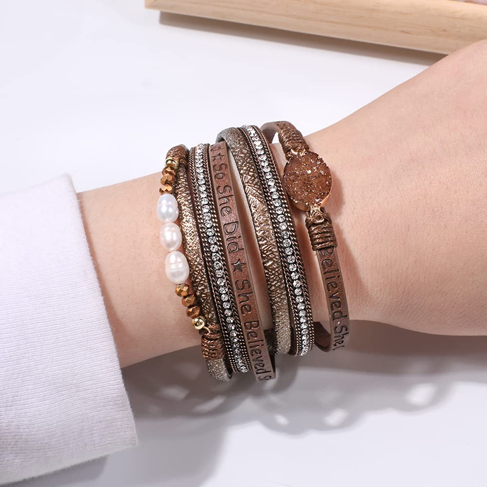 Artilady Leather Wrap Bracelet for Women - Handmade Clasp Bangle Bracelet with Pearl Beads Crystal Wristbands Jewelry Gift for Ladies and Mother