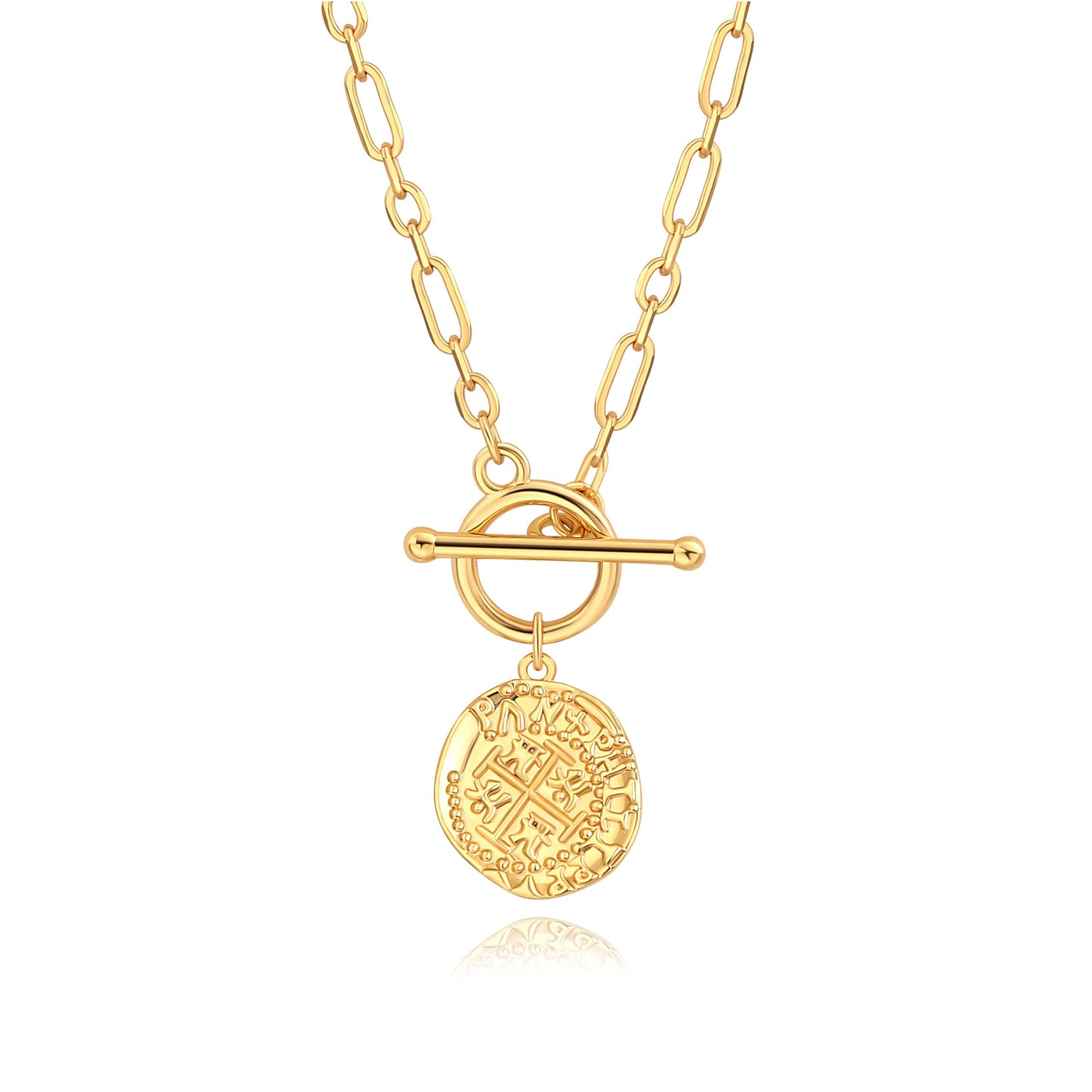PEARLADA Vintage Cross Pendant Coin Necklace, 18k Gold Plated Paperclip Necklace with Toggle, Dainty Christian Jewelry