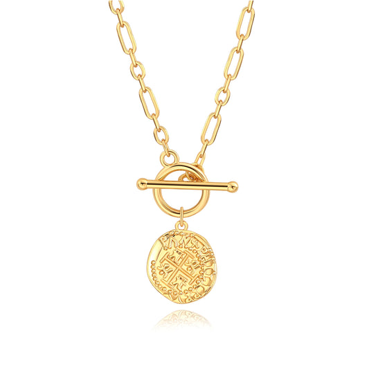 PEARLADA Vintage Cross Pendant Coin Necklace, 18k Gold Plated Paperclip Necklace with Toggle, Dainty Christian Jewelry