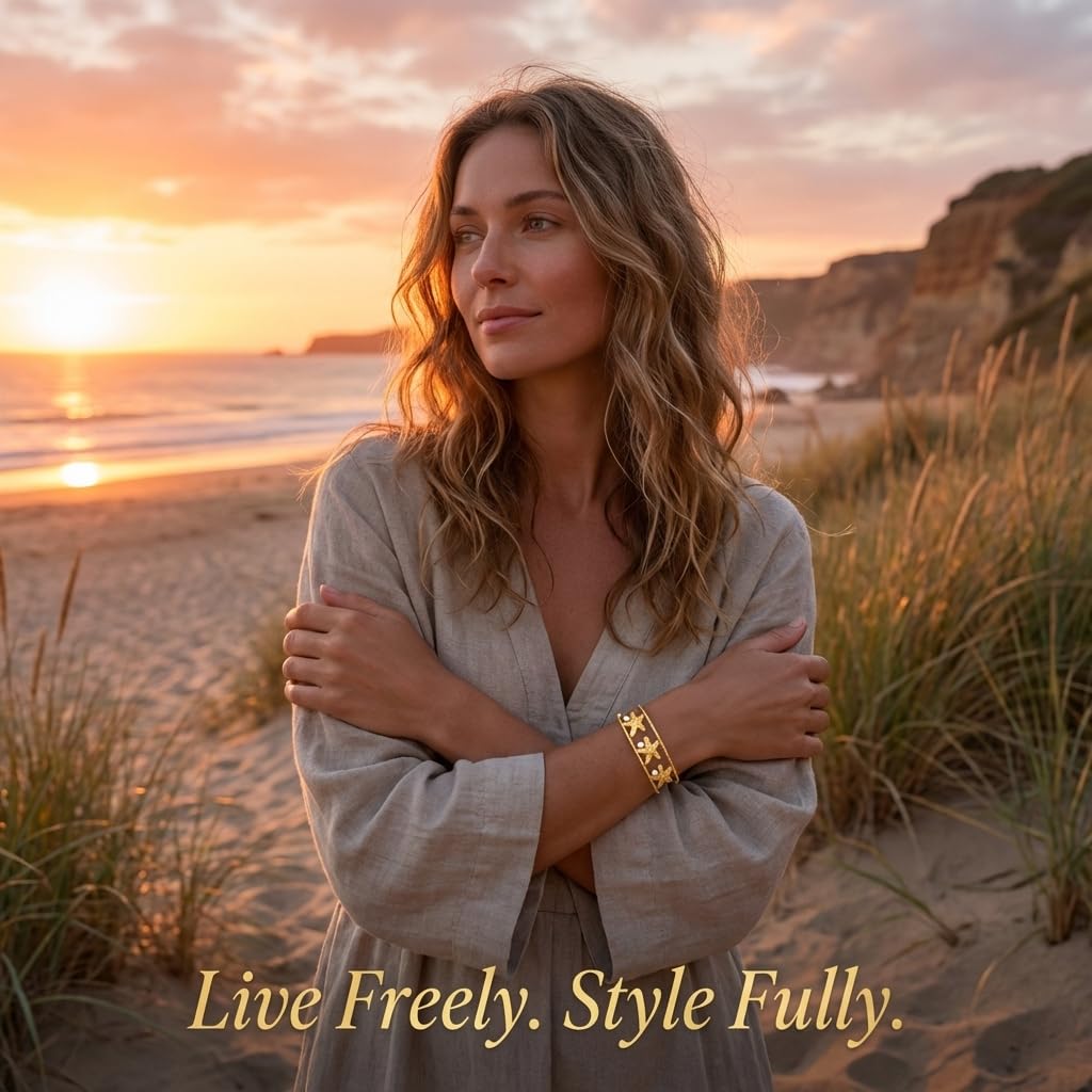 MystiGlimmer Starfish Open Cuff Bracelet for Women 18K Gold Plated Stainless Steel, Adjustable Ocean-Inspired Arm Cuff, Waterproof, Hypoallergenic Beach Jewelry Gift (3 Starfish)