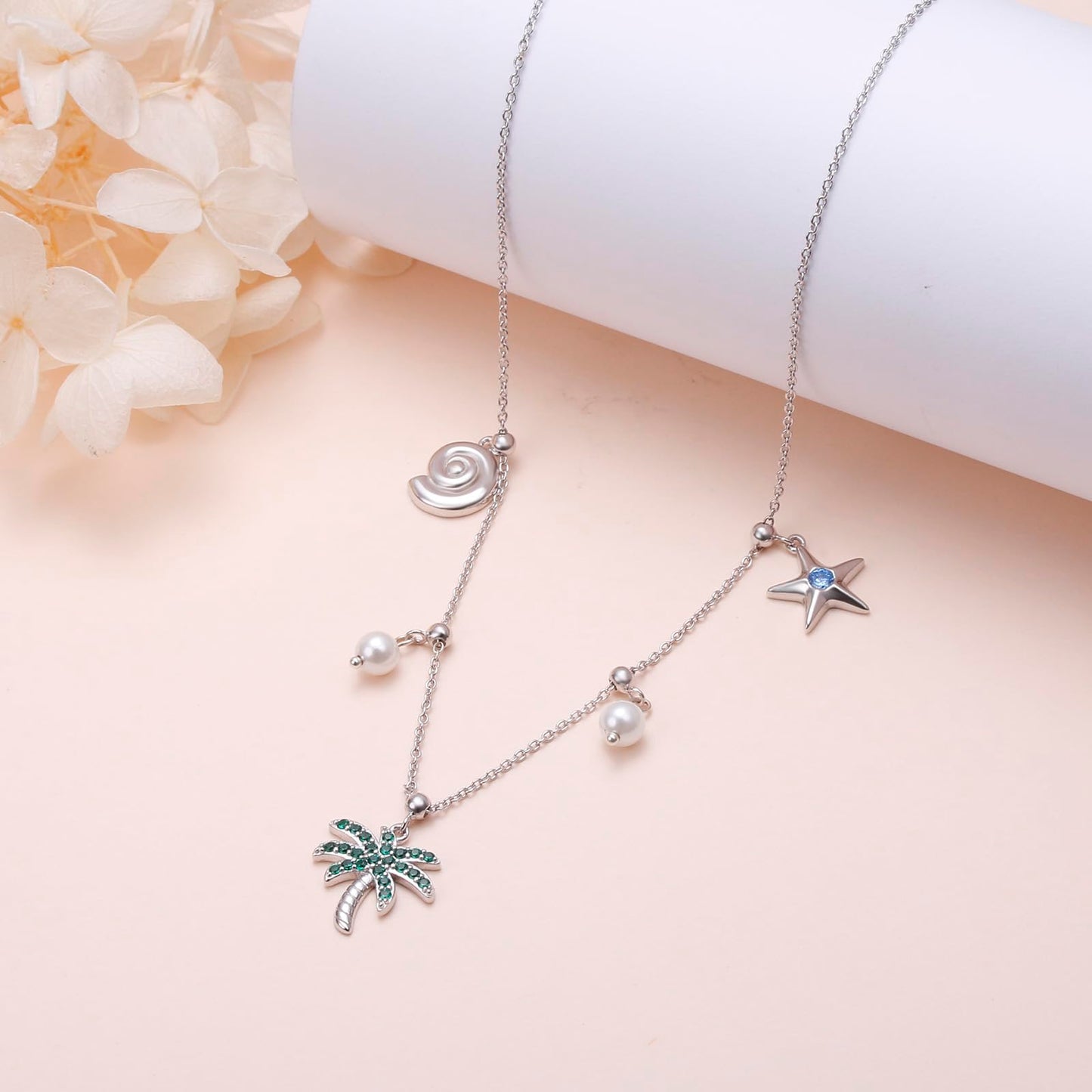 FLYOW S925 sterling Silver Summer Palm Tree Seashell conch shell Beachy Pendant Necklace Women Coastal Jewelry with Removable Charms Trendy Summer Beach Gift