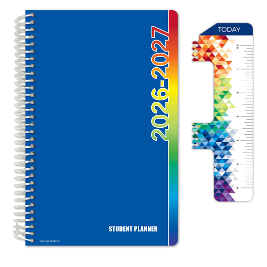 Global Datebooks 2026-2027 Middle & High School Student Planner 5.5" x 8.5" - Dated Weekly & Monthly Academic Planner with Ruler/Bookmark & Stickers, Ideal for Homework, Block Style, Blue Colors