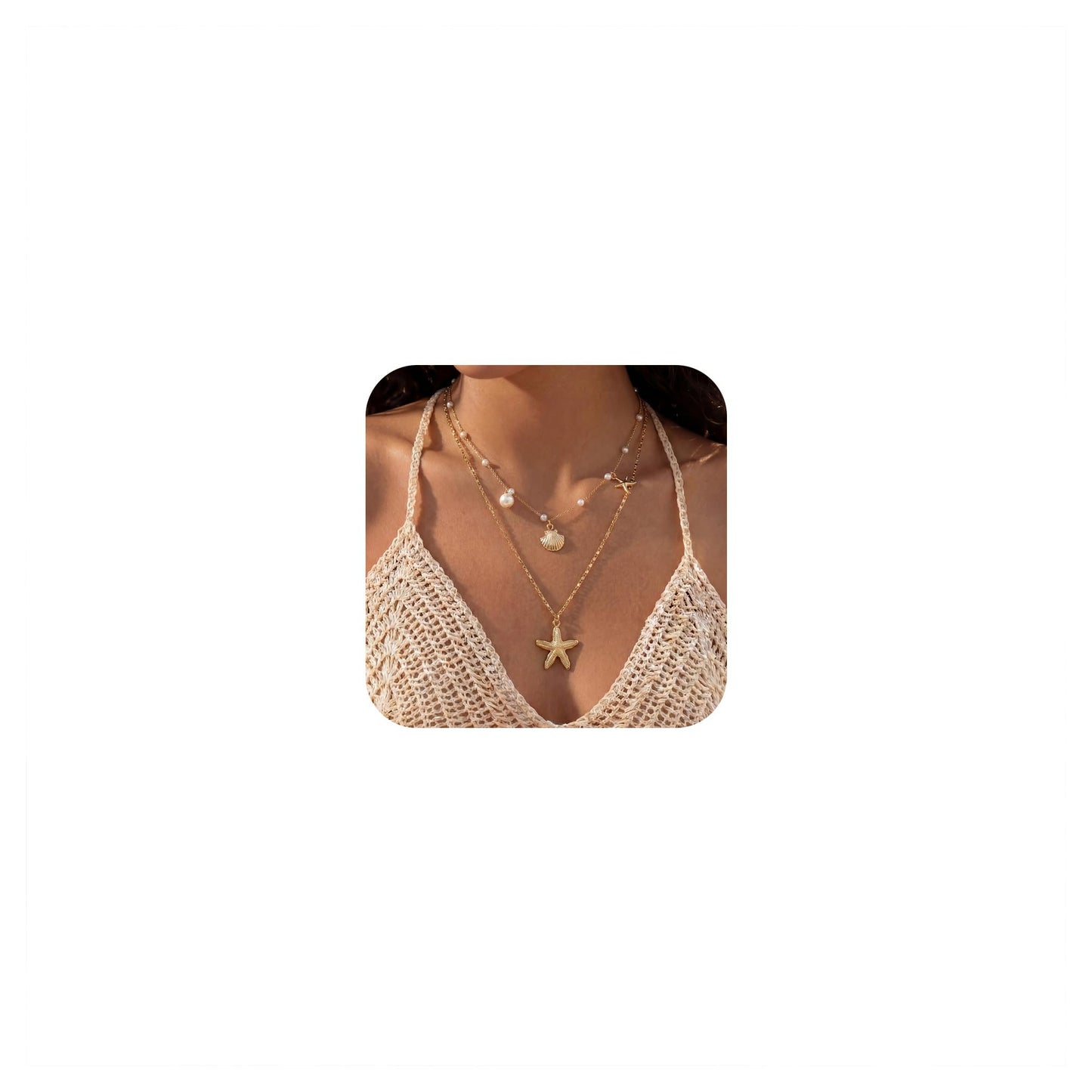 Shell Starfish Necklace for Women, Gold Plated Layered Pendant Necklace with Pearl Conch Charms, Boho Coastal Summer Beach Vacation Jewelry Gifts(Shell&Starfish)