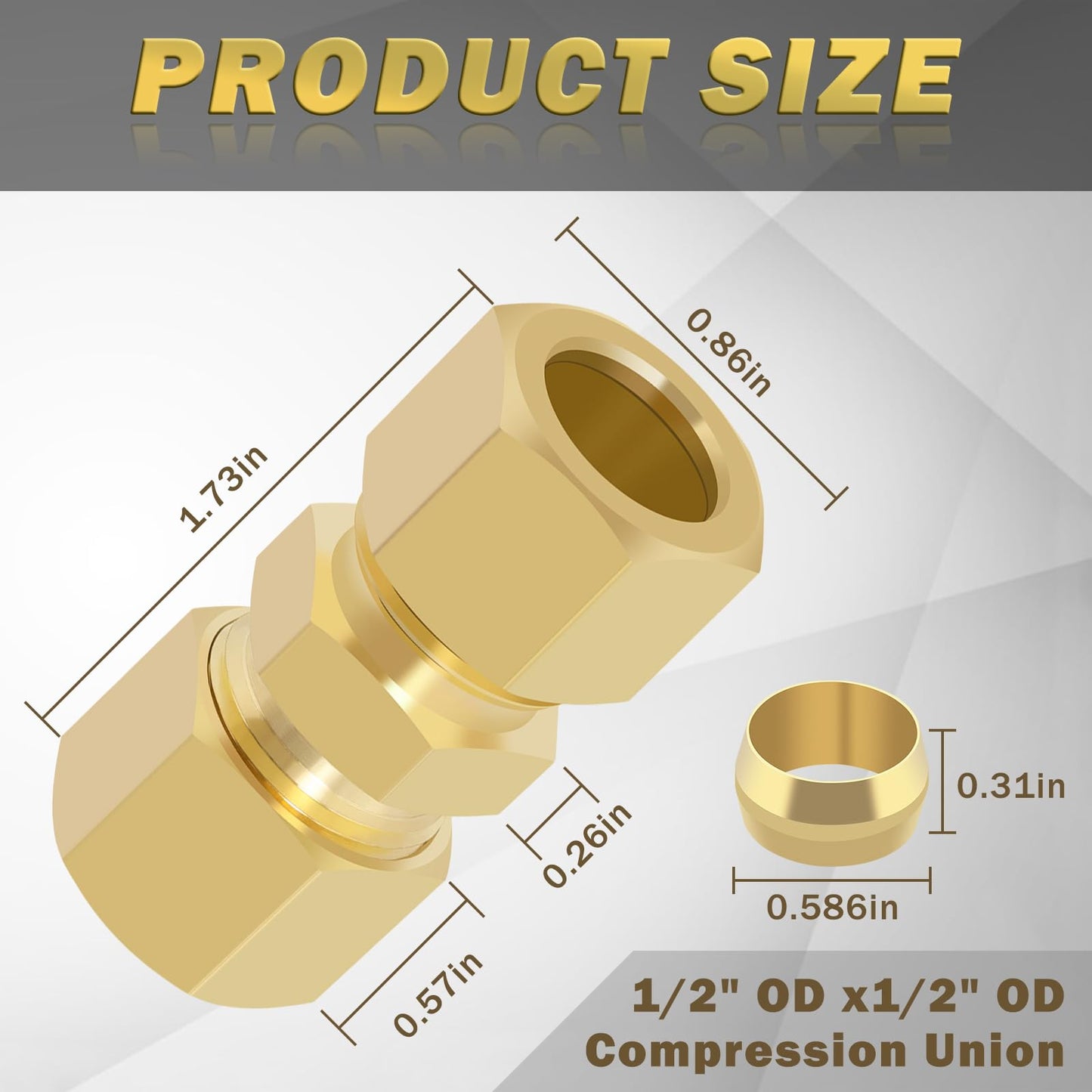 Taiidaues Brass Compression Tube Fitting, 10 PCS 3/8" OD Compression Union Connectors & 10 PCS Compression Sleeves Ferrules