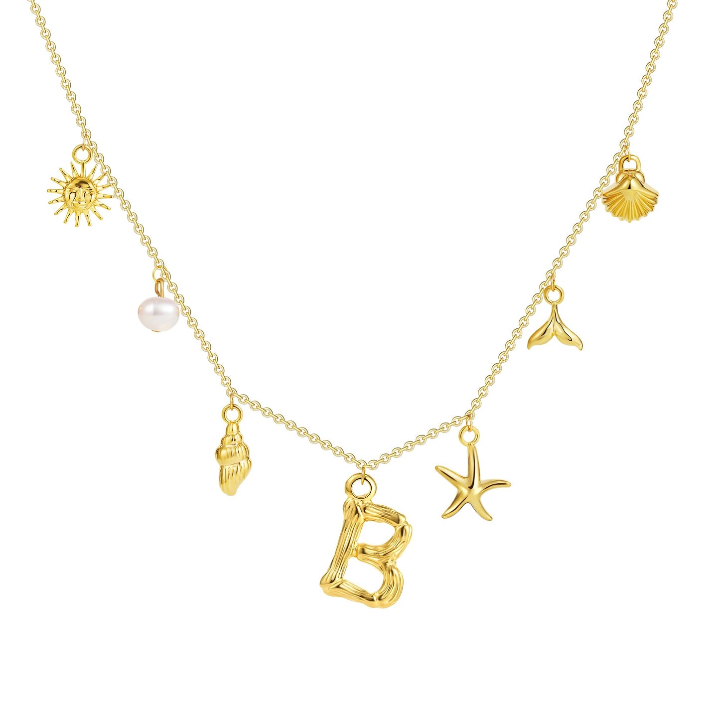 SLOONG Initial Charm Necklace 14K Gold Plated Letter Neckalce Freshwater Pearl Necklace Choker Boho Summer Seashell Beach Starfish Surfer Jewelry Gifts for Women B