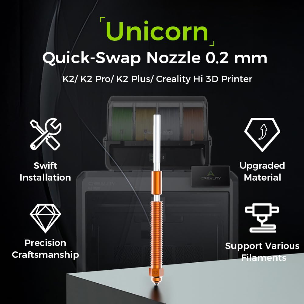 Creality K2 Plus/ K2 Nozzle 0.2mm, Original Unicorn Quick Swap Nozzle with Titanium Alloy Heat Break Copper Alloy Hardened Steel, High Flow High Speed Print for Creality K2 Series/Hi Combo