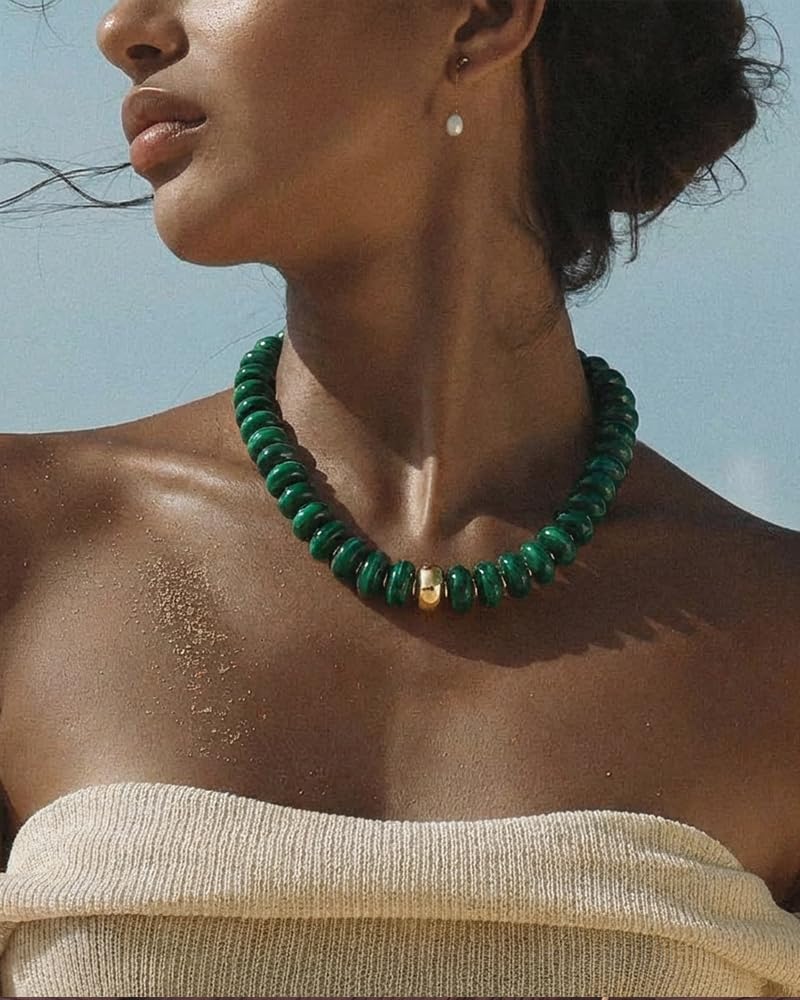 FAUTHENTICUTE Emerald Green Beaded Statement Necklace for Women Dark Green Acrylic Resin Bead Strand Necklace With Gold Accent Trendy Beach Choker Perfect Summer Jewelry Mothers Day Gifts