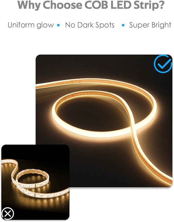 20FT COB LED Strip Light 3000K Warm White AC110V-120V LED Rope Lights Outdoor Waterproof IP65 High Density 288LEDs/M Flexible LED Light Strip with Switch for Garden Bedroom Indoor 6M