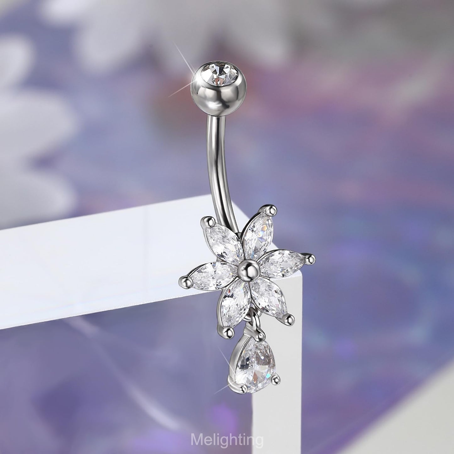Melighting 14G Clear Belly Button Ring, Flower Belly Piercing Jewelry Surgical Steel 316L, Dangle Teardrop CZ Navel Piercing Barbell, 10 mm Silver Lotus Body Jewellery for Women