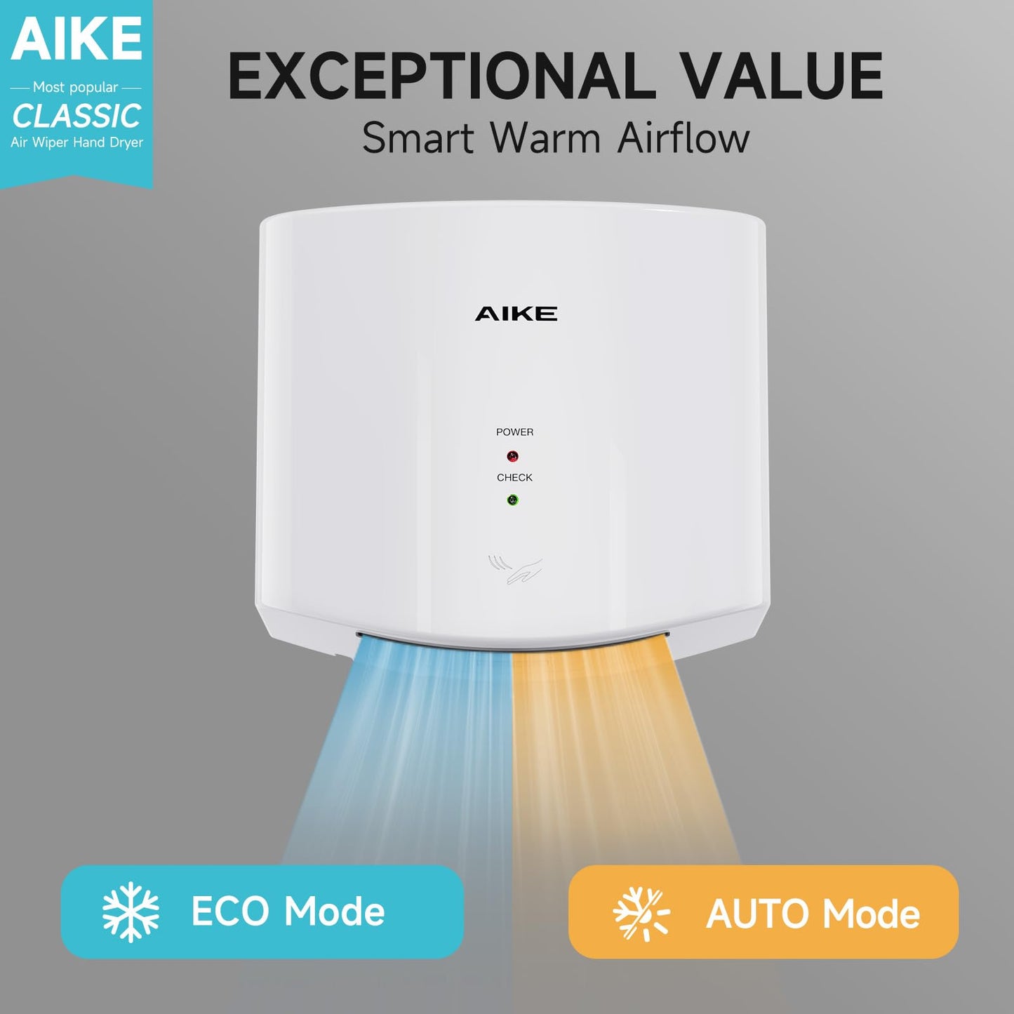 AIKE Air Wiper Compact Hand Dryer 110V 1400W White (with 2 Pin Plug) Model AK2630S