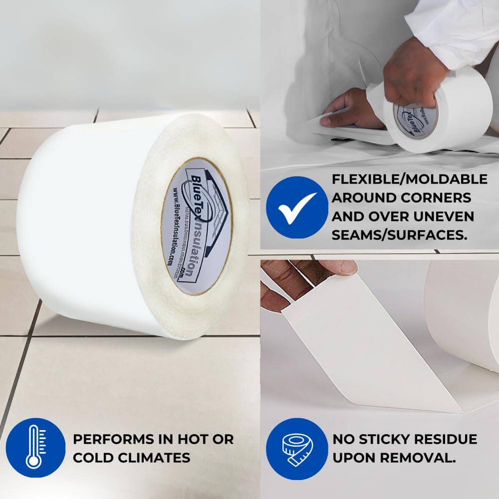 BlueTex Insulationㅤ3 Wide x 180' Long White Vapor Barrier Seam Tape - 4 Rolls Bulk Pack, Great for Crawlspaces, Waterproofing, Insulation Repairs, Underlayment Seams, Metal Building Insulation Seams