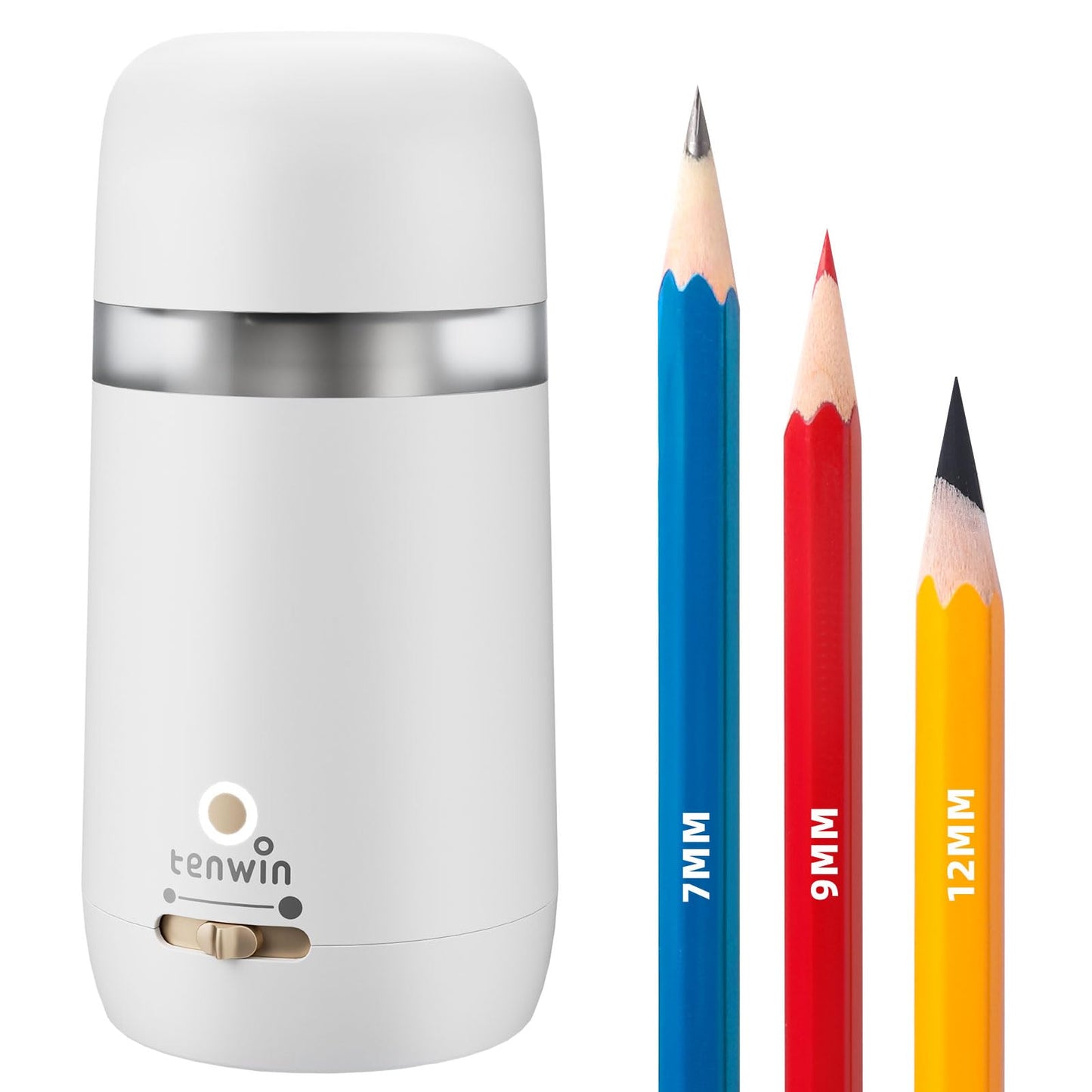 tenwin Fully Automatic Electric Pencil Sharpener for 7-12mm Pencils, Auto in&Eject, 3 Selectable Adjustable Pencil Nibs with Breathing Light (White)