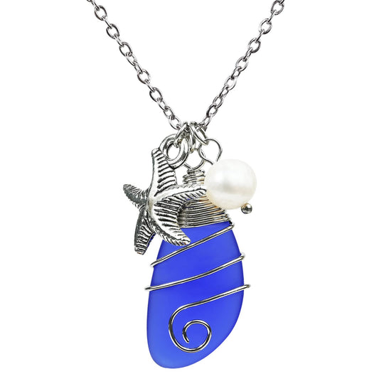 Sea Glass Necklace, Beach Jewelry for Women, Wire Wrapped Beach Necklaces with Starfish, Freshwater Pearls, Sea Glass Jewelry, Handmade Necklaces Gift for Women Girls