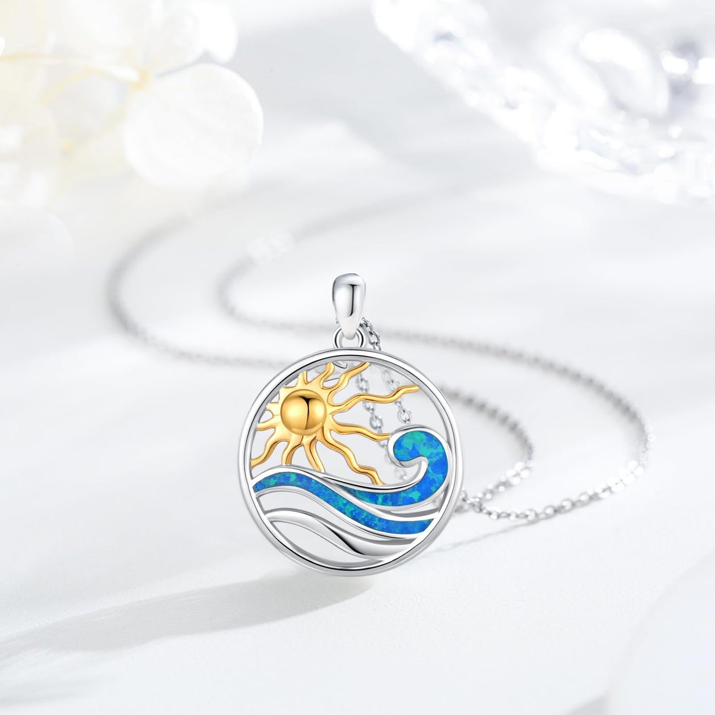 Midir&Etain Wave Necklace 925 Sterling Silver Sun Necklace Ocean Necklace Beach Sea Pendant Ocean Wave Jewelry for Women Men
