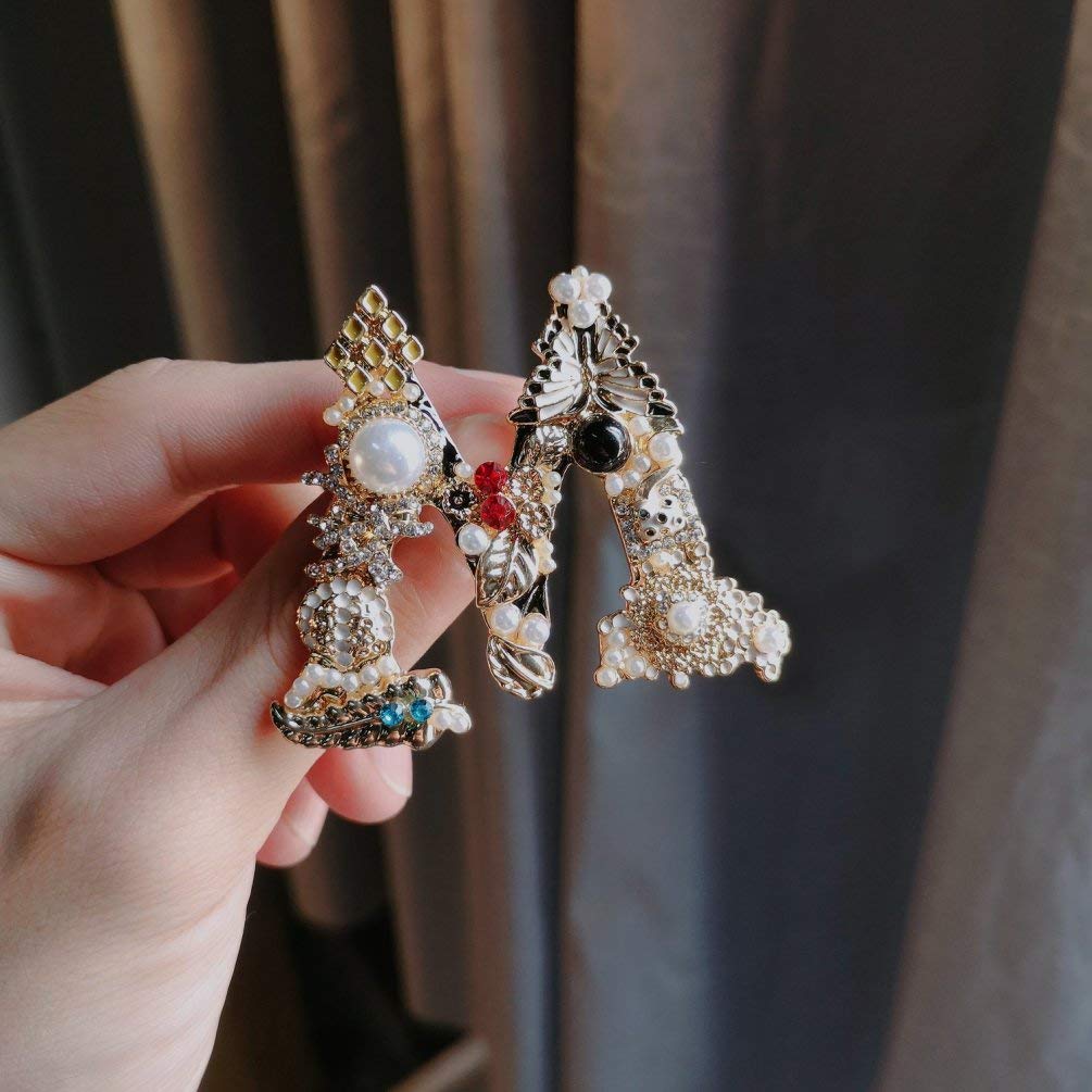RINHOO Crystal Pearl Initial Brooch Gold Plated Enamel Colorful Letter Alphabet Breastpin Pin Jewelry for GIFTS (Letter -M)