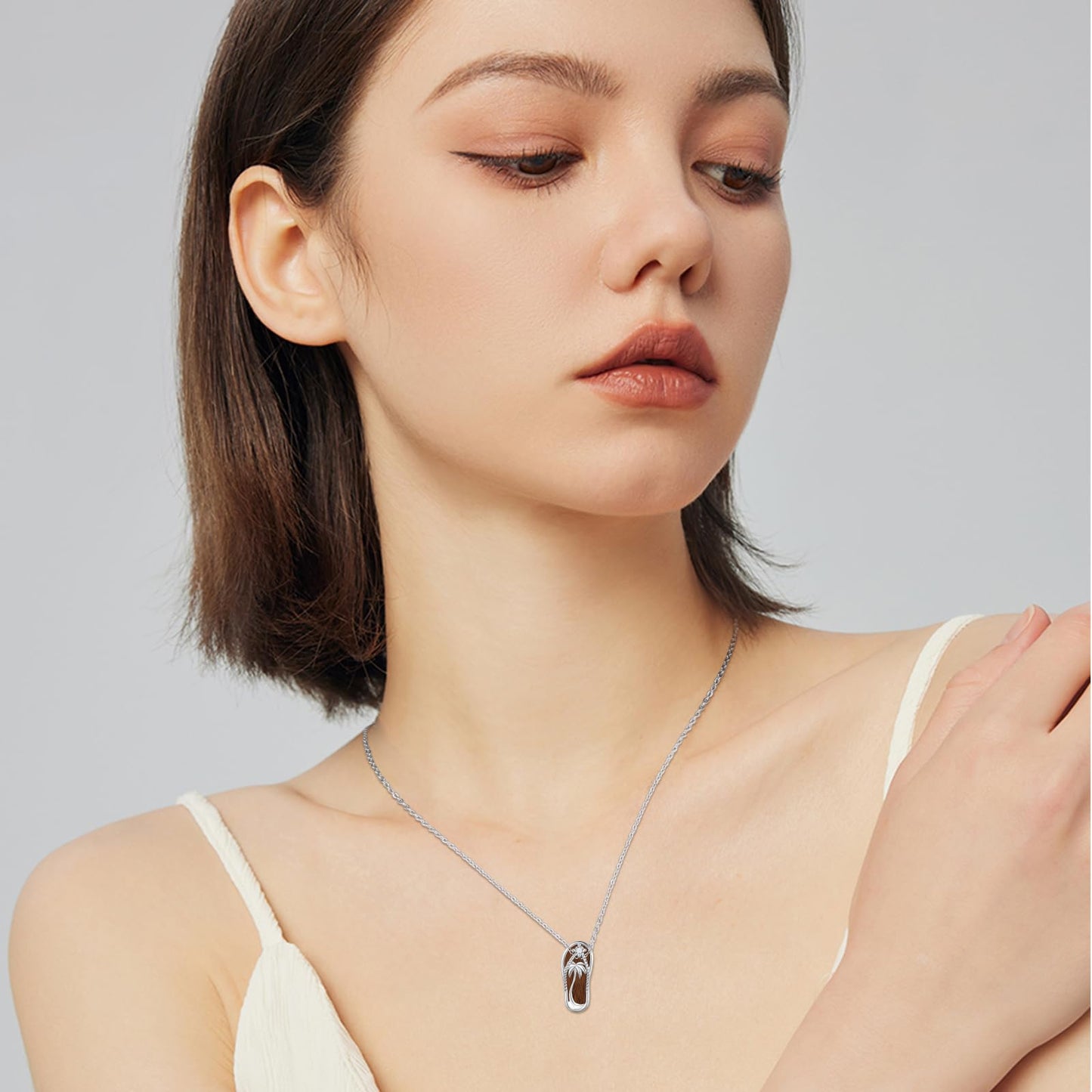 Midir&Etain Flip Flop Necklace 925 Sterling Silver Palm Tree Pendant Beach Wooden Necklace Flip-Flop Wood Jewelry for Women