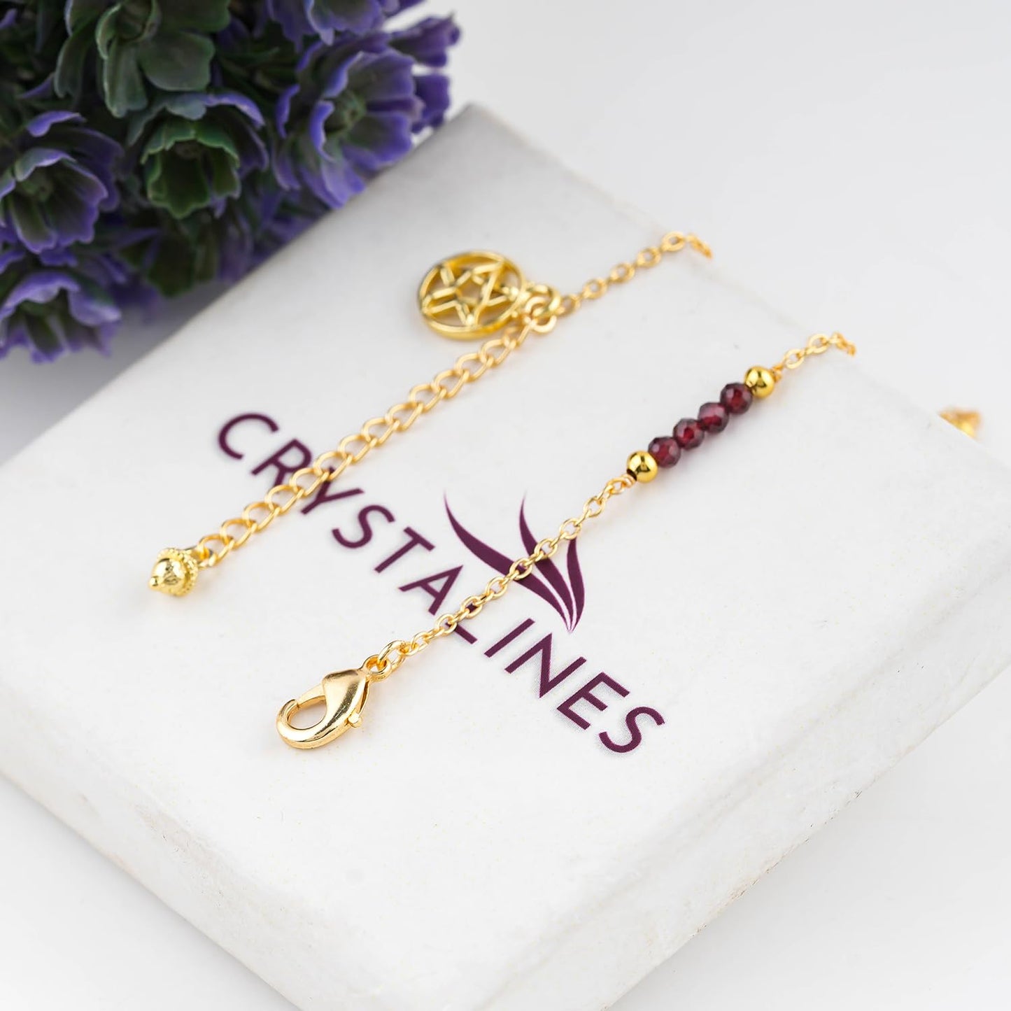 CRYSTALINES Natural Garnet Gemstone Beads, Handmade Station Dangle Star Charms Anklet, 14K Gold Plated, Adjustable Fashion Boho Jewelry for Women, Healing Crystals, Christmas Gift