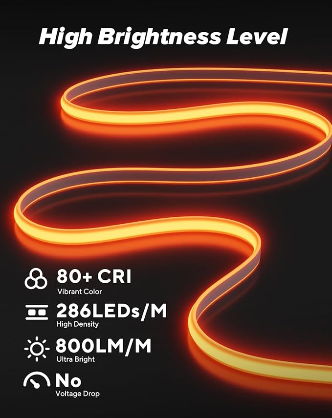 Shine Decor COB LED Rope Light AC 120V, 800lm Ultra Bright, IP65 Waterproof Cold-Resistant ETL Neon Strip, No Driver Tape Lighting for Home Commercial 10x4.5mm, Amber, 50ft