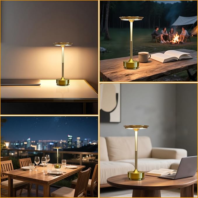 Ecolume Cordless Table Lamp,LED Portable Battery Operated Lamp, Dimmable Stepless 3-Color LED with Memory Function. Portable for Home Office/Dinner/Restaurant/Living Room.(Gold&2Pack)