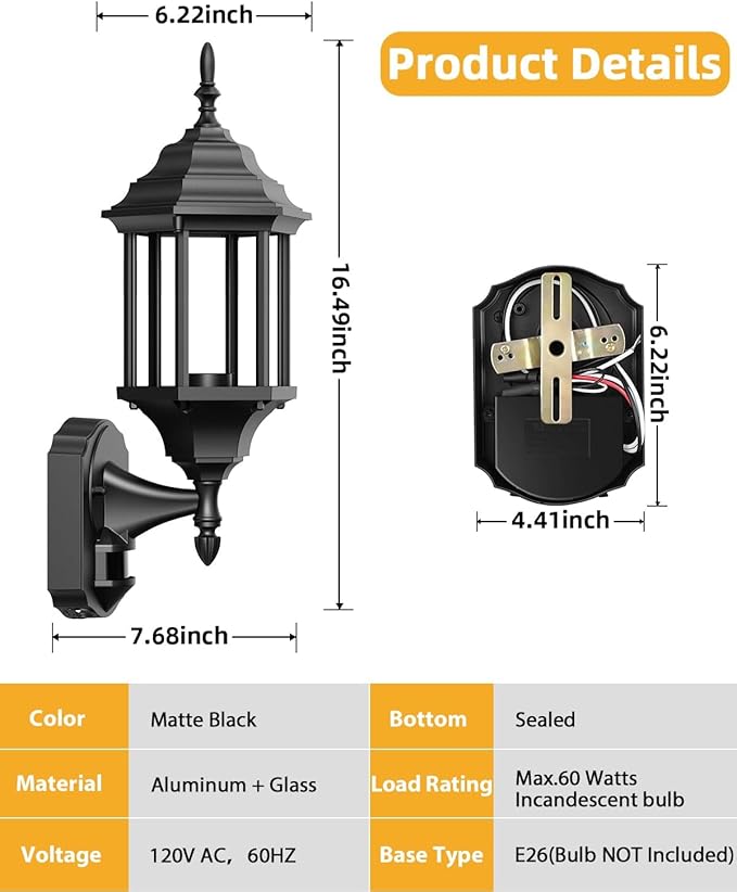 Redluck Motion Sensor Outdoor Lights, 2 Pack 16 inch Dusk to Dawn Outside Porch Lights, Waterproof Anti-Rust Aluminum Outdoor Wall Lights Exterior Lighting Fixtures for House, Garage, Front Door