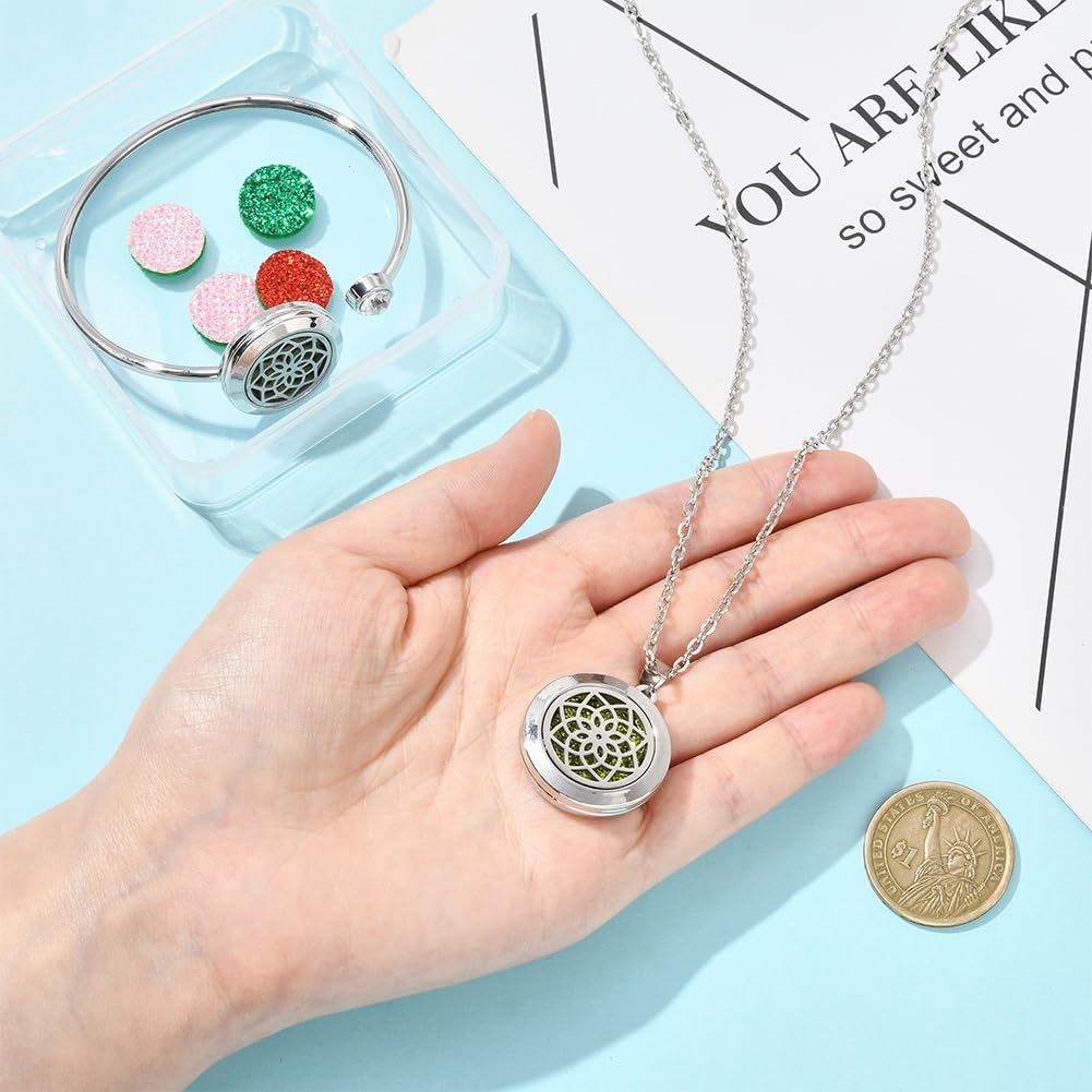 SUNNYCLUE 1Pc Essential Oil Necklace 1Pc Essential Oil Diffuser Bracelet with 10Pcs Refill Pads Flower Stainless Steel Aromatherapy Locket Pendant Bracelets Necklaces Diffuser Jewelry for Women Gifts