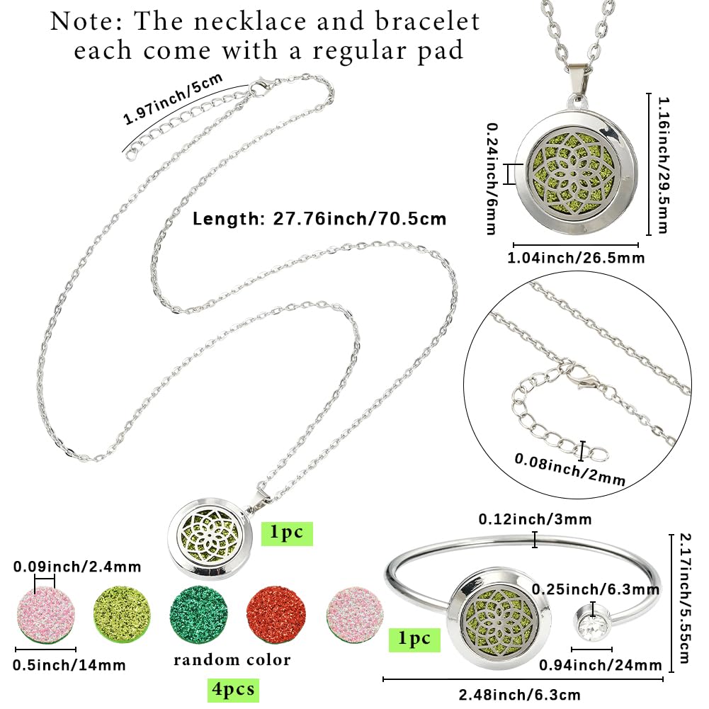 SUNNYCLUE 1Pc Essential Oil Necklace 1Pc Essential Oil Diffuser Bracelet with 10Pcs Refill Pads Flower Stainless Steel Aromatherapy Locket Pendant Bracelets Necklaces Diffuser Jewelry for Women Gifts
