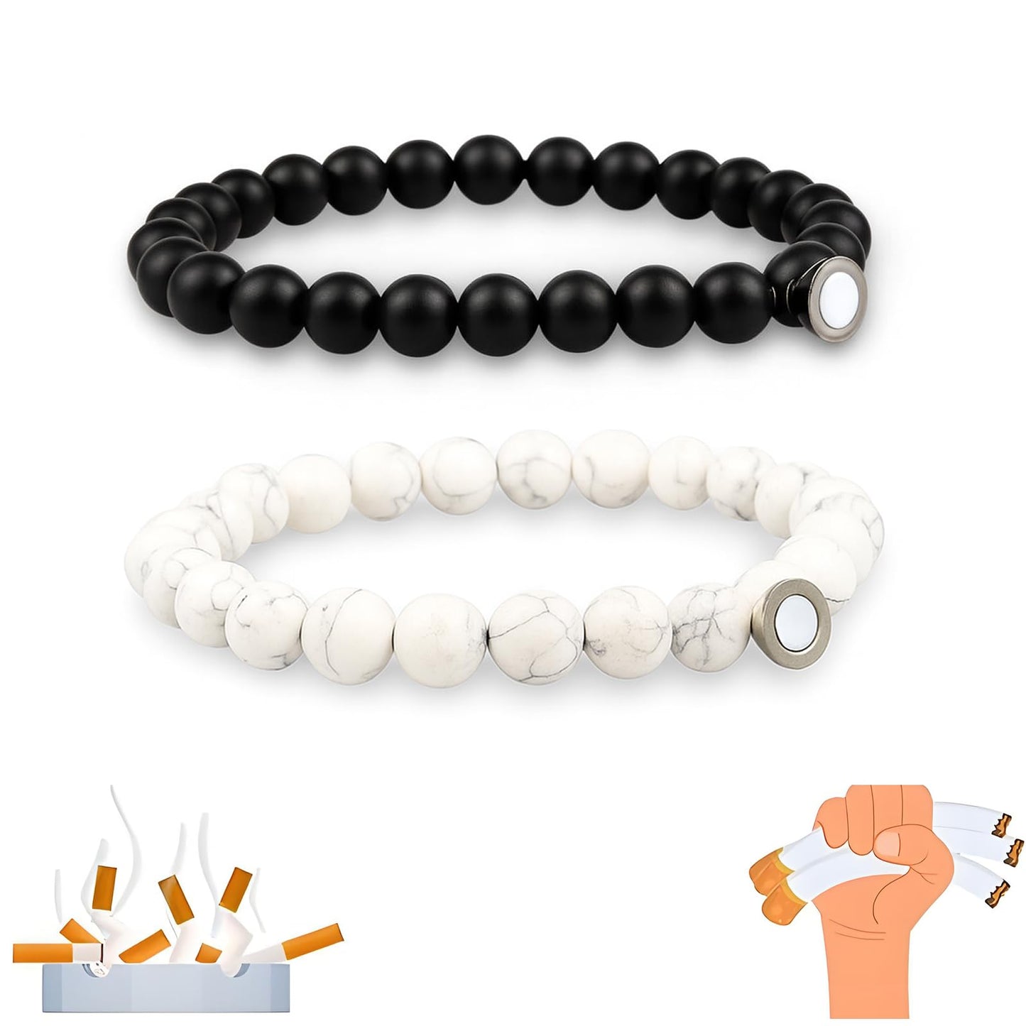 Mengji Life Glame Anti Smoking Bracelets for Women Men, Magtherapy Quitting Bracelet Stretch Adjustable Stop Smoking Cessation Effective Handmade Jewelry Gifts (1pcs black+1pcs white)