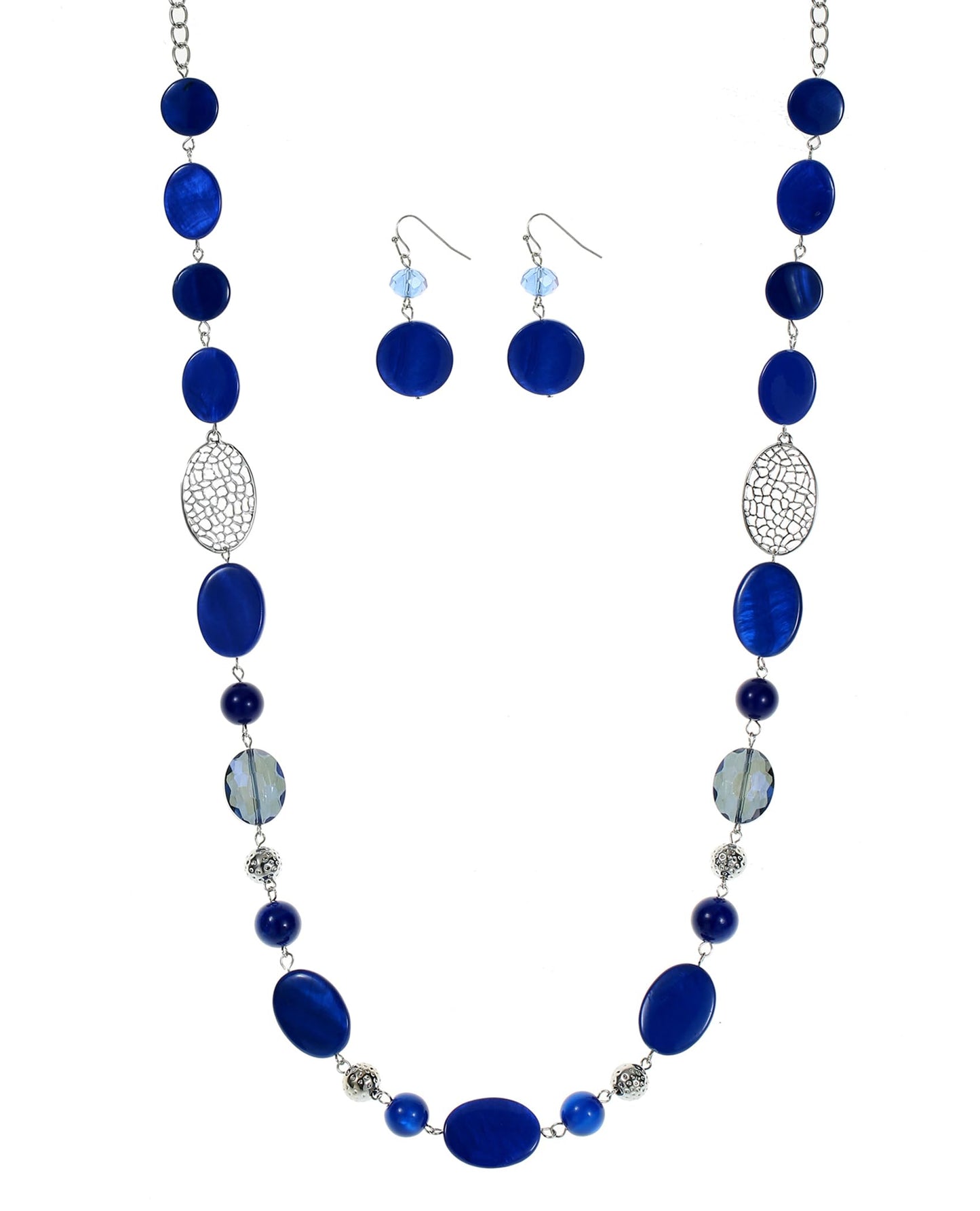 Aenu Beaded Long Necklace Set for Women Silver Gold Tone Sweater Chain Stone Crystal Beads Necklace Trendy Fashion Jewelry for Holiday Gifts (Blue)