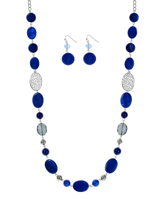 Aenu Beaded Long Necklace Set for Women Silver Gold Tone Sweater Chain Stone Crystal Beads Necklace Trendy Fashion Jewelry for Holiday Gifts (Blue)