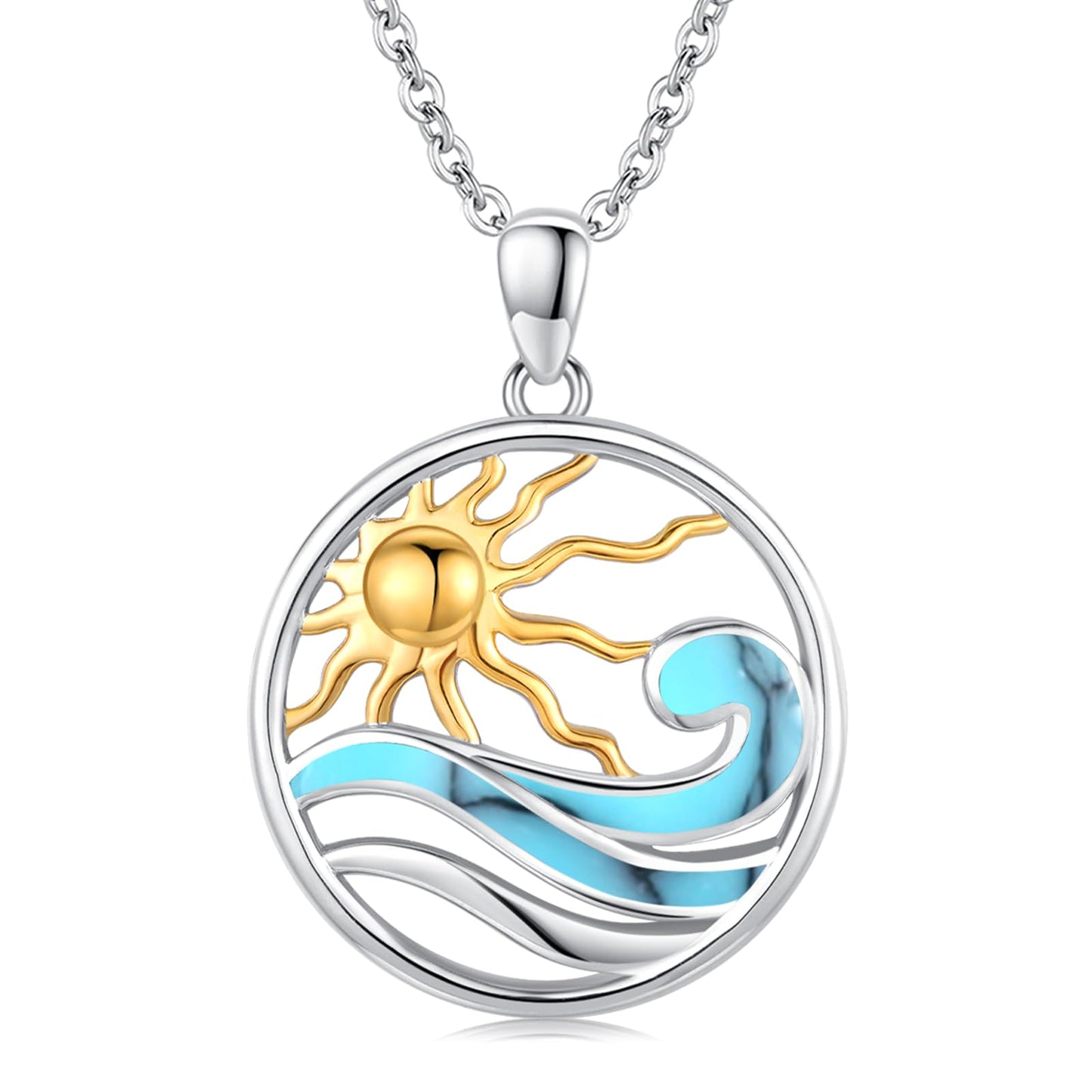 Midir&Etain Ocean Wave Necklace 925 Sterling Silver Sunburst Gold Sun Necklace Sea Surf Necklace Beach Themed Gifts Ocean Jewelry for Women Prime