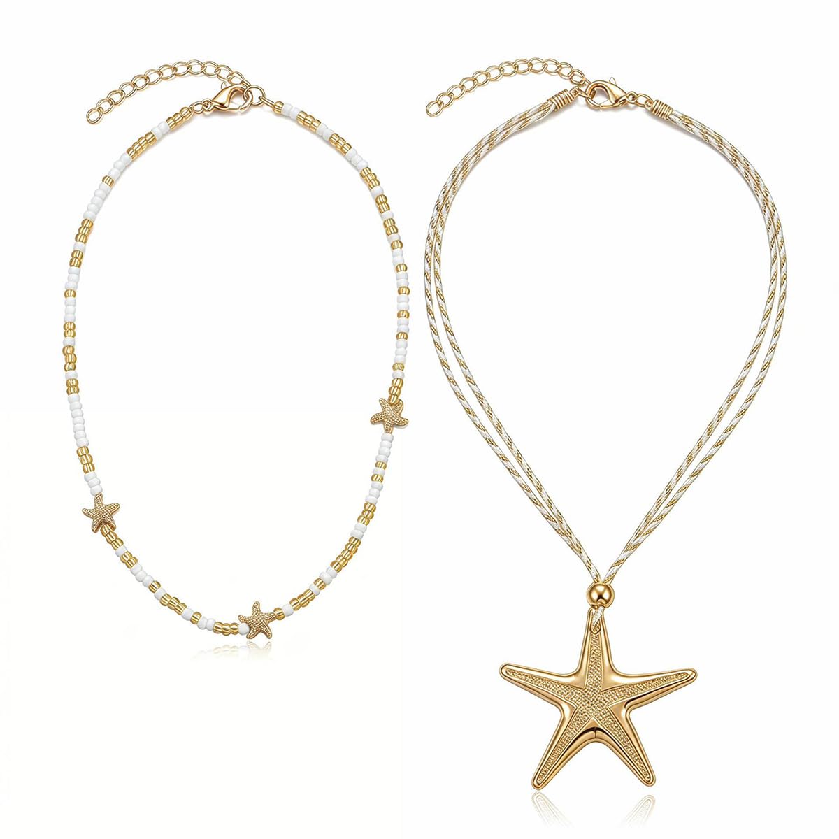 Systechy Boho Layered Starfish Necklace for Women Large Starfish Beaded Necklace Exaggerated Sea Star Adjustable Pendant Necklaces Fashion Summer Beach Holiday Party Jewelry Present (White)