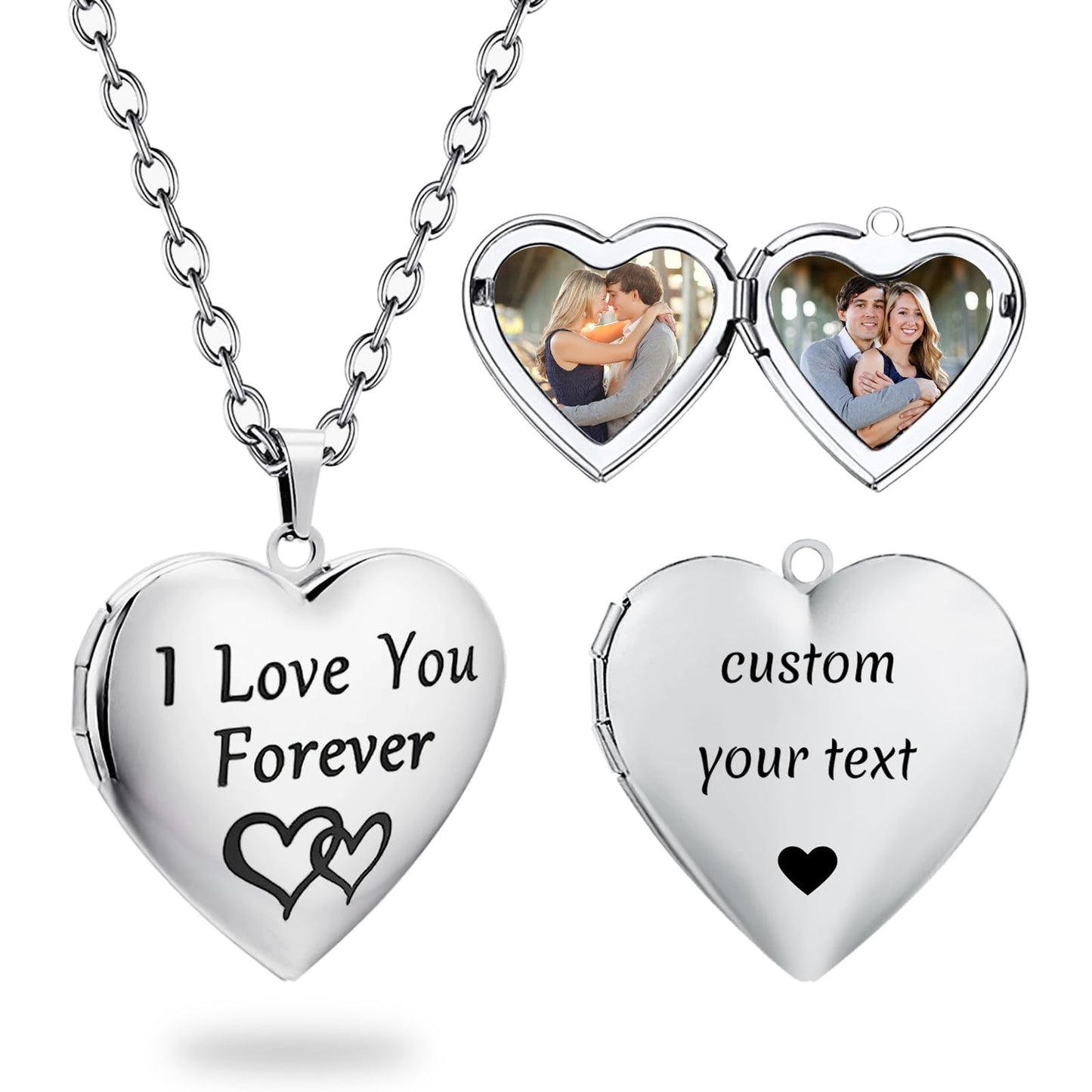 PHOCKSIN Silver Heart Locket Necklace I Love You Forever Personalized Love Heart Necklace that Holds Pictures Customized Gifts Locket Necklaces for Birthday