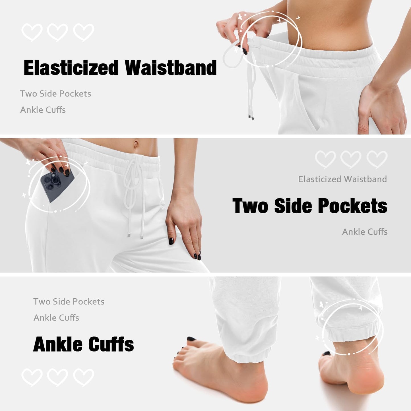 Walifrey Joggers with Pockets, Drawstring Sweatpants Women White L