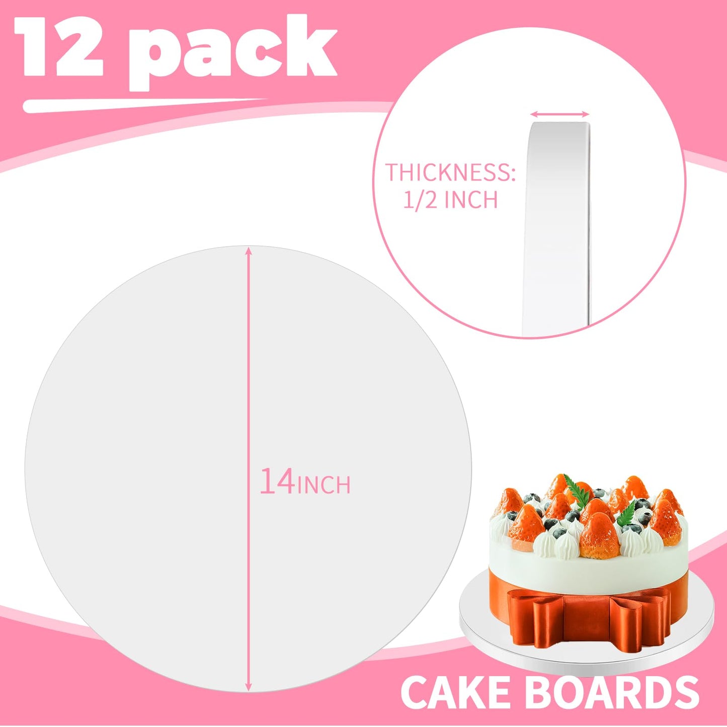 CHENZEM 12 pcs Large Cake Boards Drum 14 Inch Round, 1/2" Thick Cake Drums, Cake Decorating Supplies Sturdy Cake Corrugated Cardboard for Multi-Layer Cakes. (14inch(12pack))