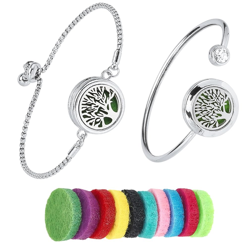 SUNNYCLUE 1 Box 2 Sets Essential Oil Diffuser Bracelets Essential Oil Bracelet Bangles with 10Pcs Refill Pad Tree of Life Stainless Steel Aromatherapy Locket Adjustable Jewelry for Women Gifts Travel
