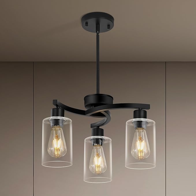 3 Light Modern Dining Chandeliers Over Table，Black Light Fixture for Dining Room，Farmhouse Chandelier with Glass Shade，Industrial Pendant Lights Kitchen Island，Foyer,Hallway, Bedroom