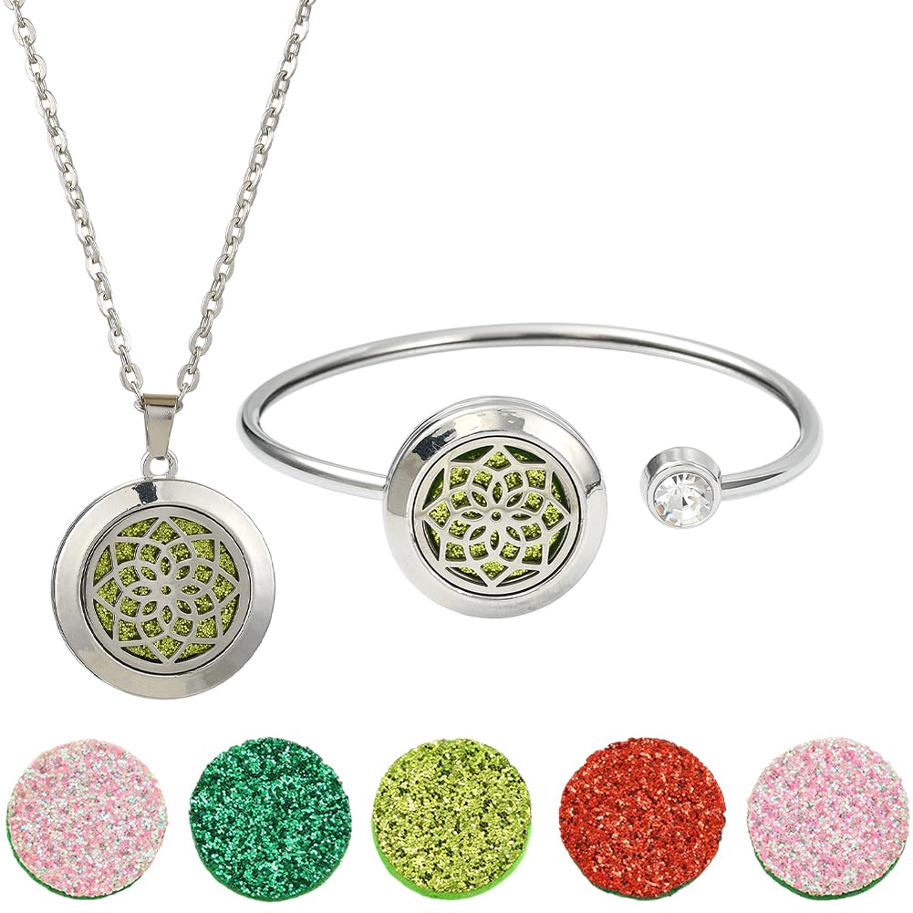 SUNNYCLUE 1Pc Essential Oil Necklace 1Pc Essential Oil Diffuser Bracelet with 10Pcs Refill Pads Flower Stainless Steel Aromatherapy Locket Pendant Bracelets Necklaces Diffuser Jewelry for Women Gifts