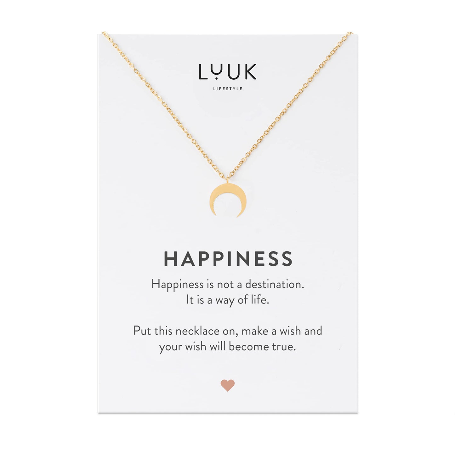 LUUK LIFESTYLE Necklace for women with crescent moon pendant, HAPPINESS gift card, modern and minimalist fashion accessory, 19” length, jewelry for everyday wear, layer look, good luck charm, gold